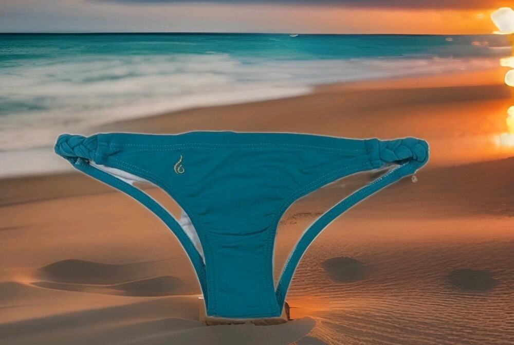 NWOT Teal Bikini Bottom Gold Logo Low Rise Cheeky Brazilian Swimwear Womens Sz L